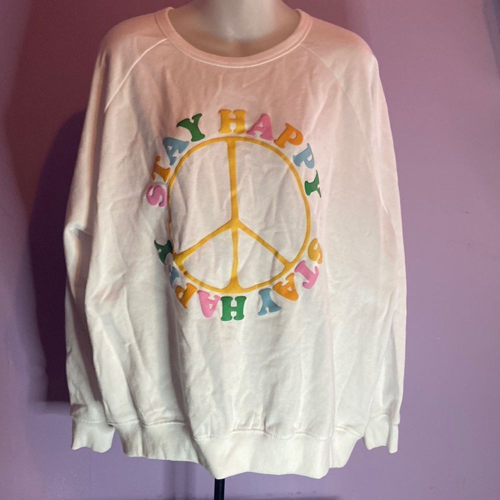 33 Revolutions White Peace Sign Sweatshirt Women's XL Pullover Graphic Top